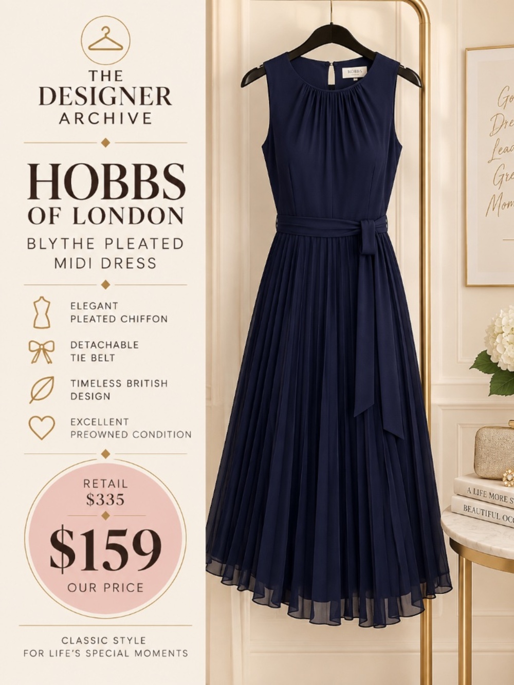 Hobbs London Blythe Pleated Midi Dress – Midnight Navy – Size 4